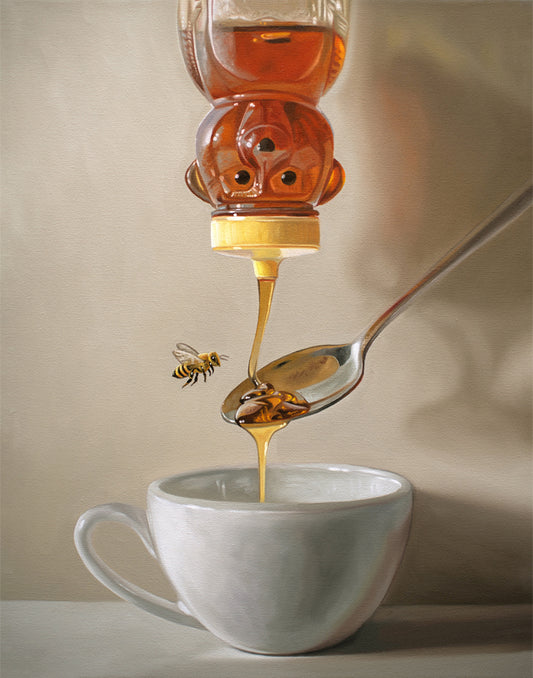 Realistic painting of golden honey pouring from a bear-shaped bottle onto a spoon, then into a white teacup, with a bee flying nearby.