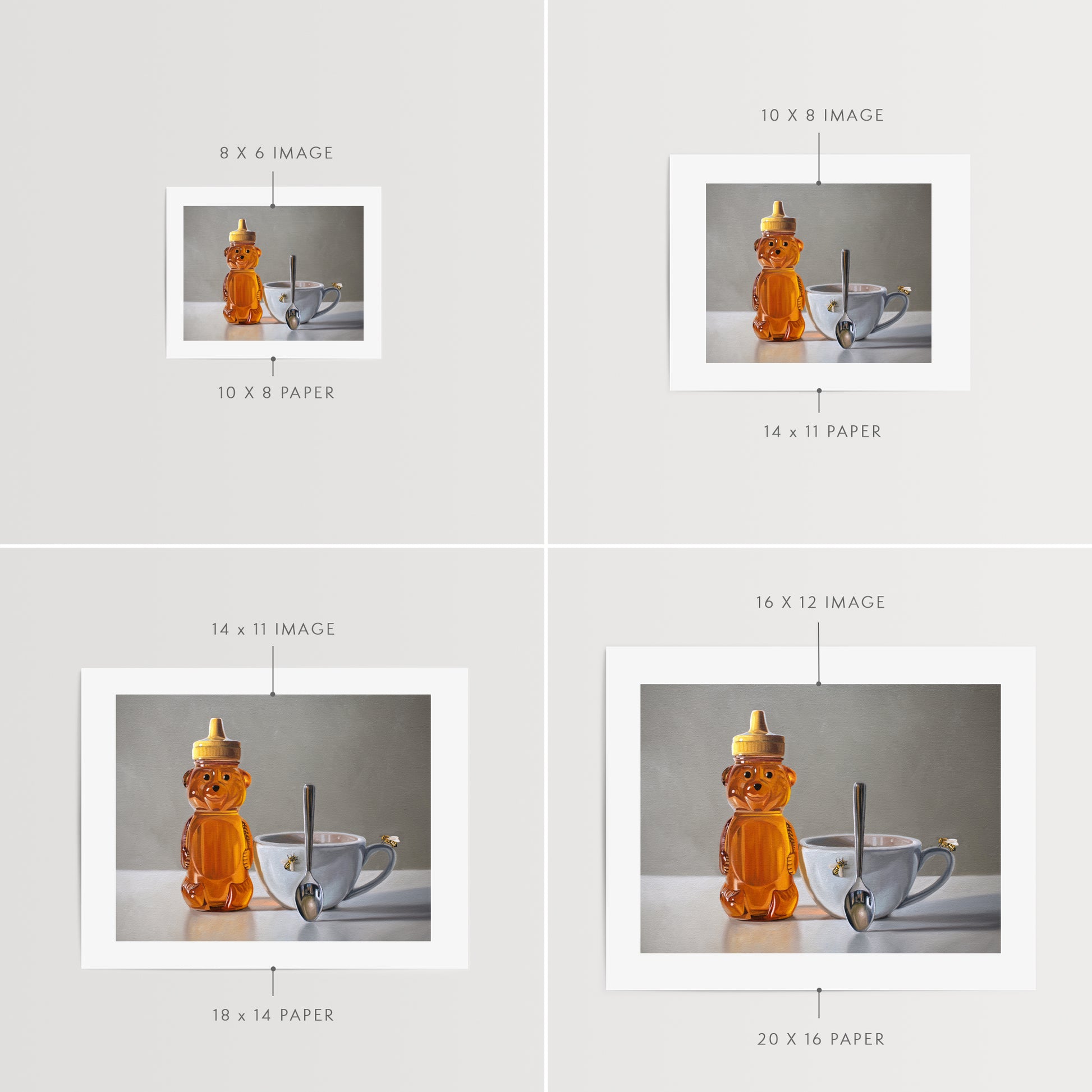 Honey, Bees & Tea Fine Art Print by Lauren Pretorius: a honey bear bottle, cup with spoon and two curious honey bees.