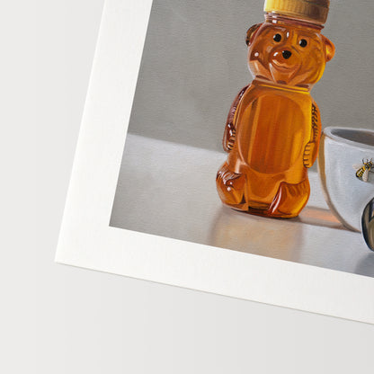Honey, Bees & Tea Fine Art Print by Lauren Pretorius: a honey bear bottle, cup with spoon and two curious honey bees.