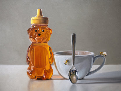 Honey, Bees & Tea Fine Art Print by Lauren Pretorius: a honey bear bottle, cup with spoon and two curious honey bees.