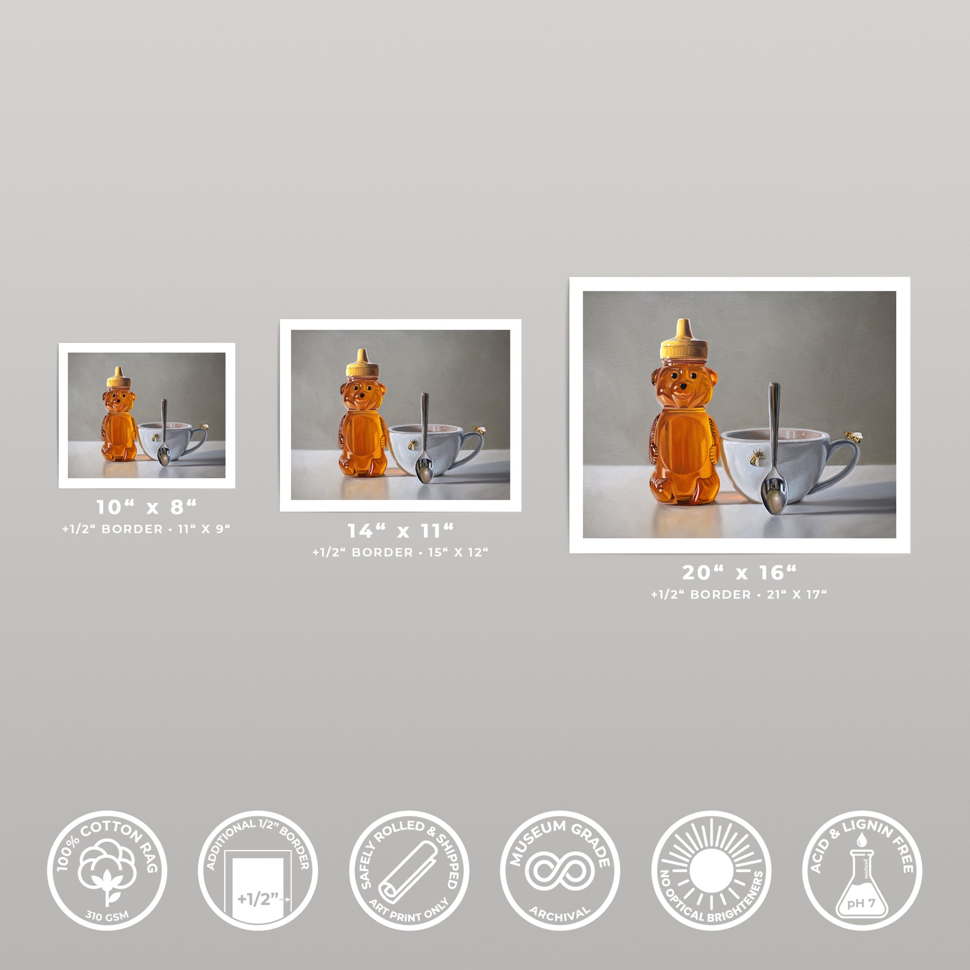 Three fine art prints of a honey bear, teacup, and spoon, shown in 10x8, 14x11, and 20x16 sizes.