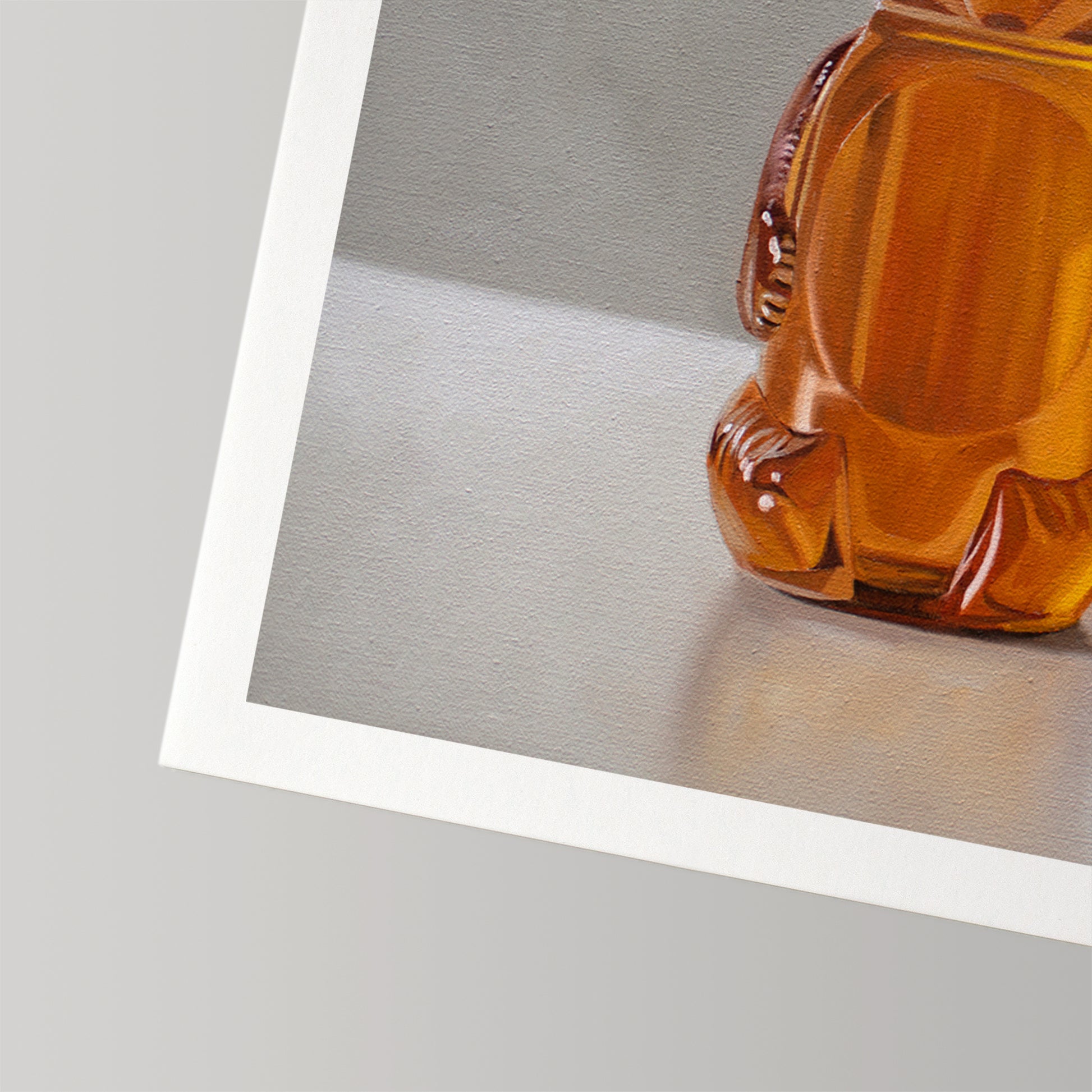 Fine art print of a honey bear jar, featuring rich amber tones on museum-grade cotton rag paper with a white border.