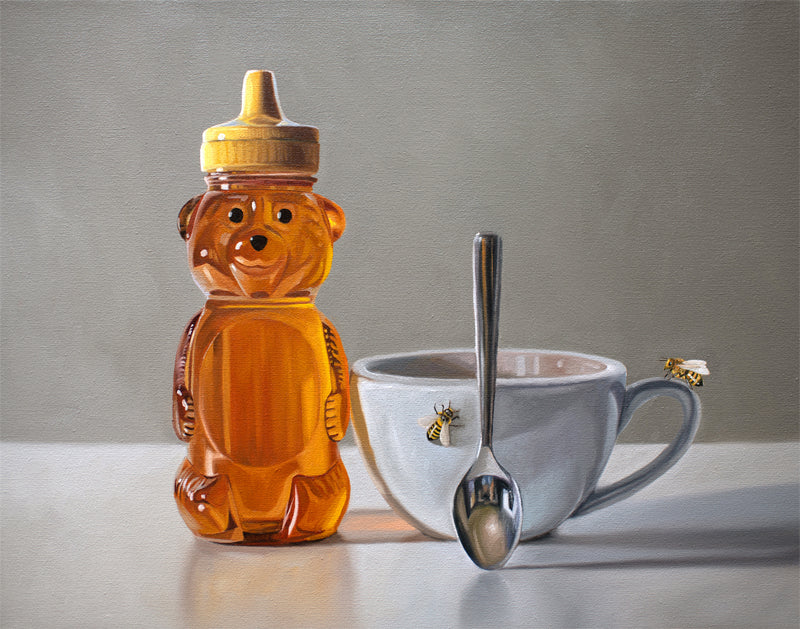 Still life fine art print of a honey bear bottle, white teacup with spoon, and two bees.