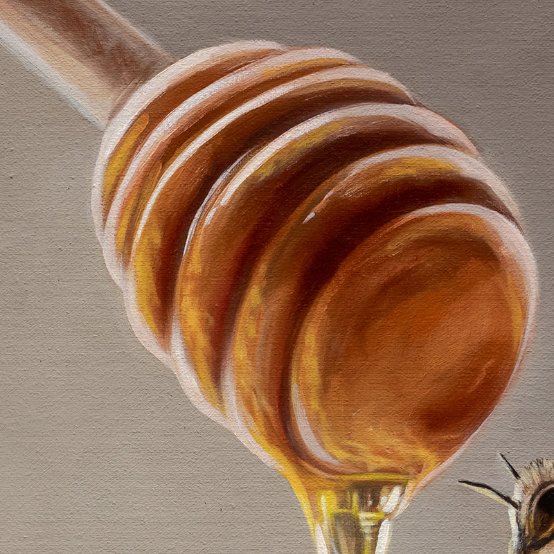 Honey Dipper & Bee 12" x 12" Original Oil Painting by Lauren Pretorius: a honey dipper with honey dripping and a bee approaching on a neutral background