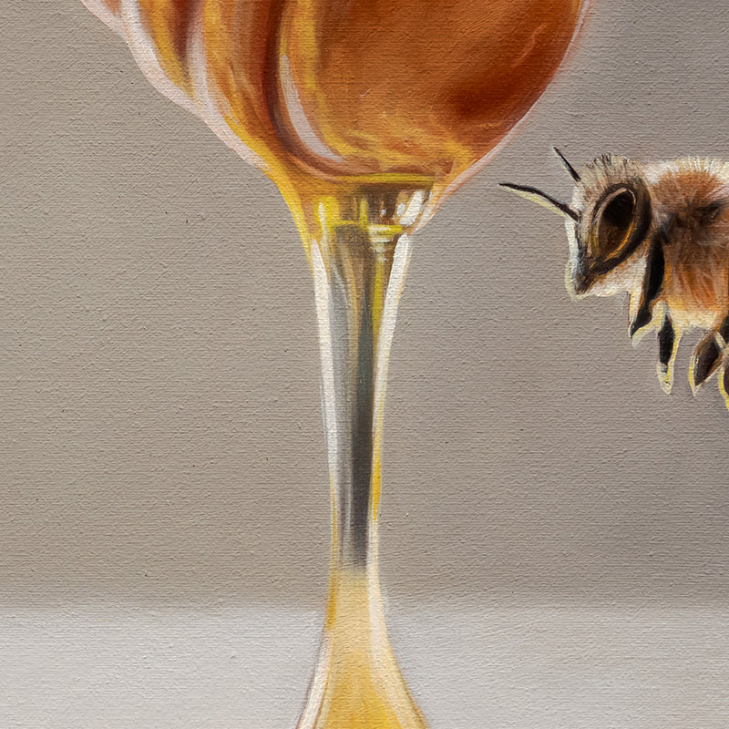 Honey Dipper & Bee 12" x 12" Original Oil Painting by Lauren Pretorius: a honey dipper with honey dripping and a bee approaching on a neutral background