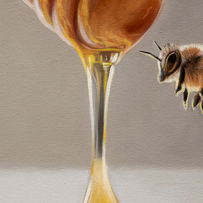 Honey Dipper & Bee 12" x 12" Original Oil Painting by Lauren Pretorius: a honey dipper with honey dripping and a bee approaching on a neutral background