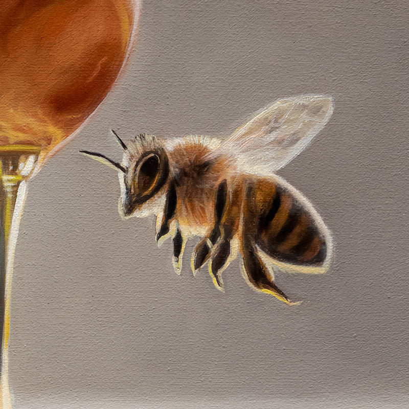 Honey Dipper & Bee 12" x 12" Original Oil Painting by Lauren Pretorius: a honey dipper with honey dripping and a bee approaching on a neutral background