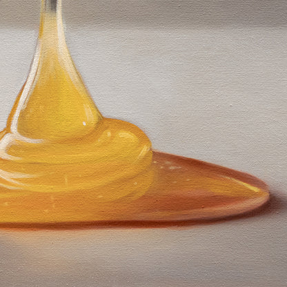 Honey Dipper & Bee 12" x 12" Original Oil Painting by Lauren Pretorius: a honey dipper with honey dripping and a bee approaching on a neutral background