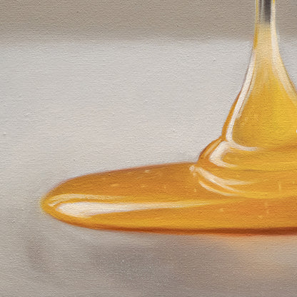 Honey Dipper & Bee 12" x 12" Original Oil Painting by Lauren Pretorius: a honey dipper with honey dripping and a bee approaching on a neutral background
