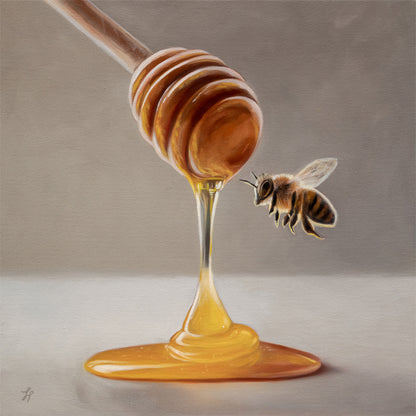 Honey Dipper & Bee 12" x 12" Original Oil Painting by Lauren Pretorius: a honey dipper with honey dripping and a bee approaching on a neutral background