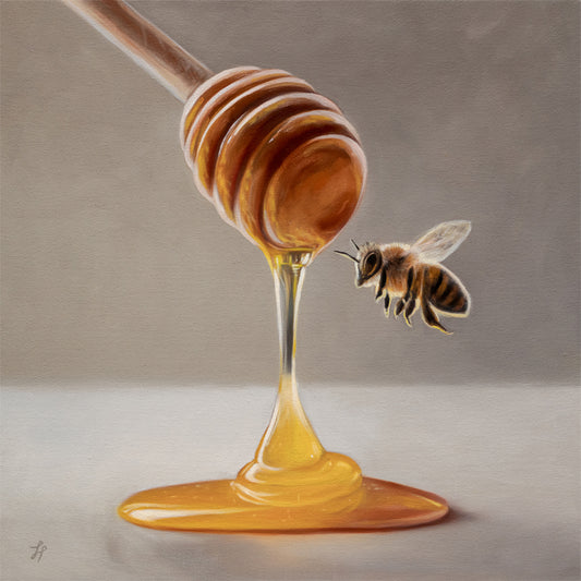 Honey Dipper & Bee 12" x 12" Original Oil Painting by Lauren Pretorius: a honey dipper with honey dripping and a bee approaching on a neutral background
