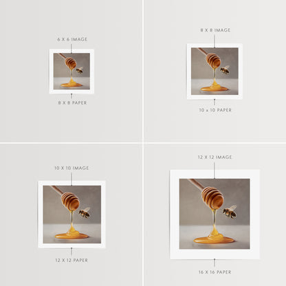 Honey Dipper & Bee Fine Art Print by Lauren Pretorius: a honey dipper with honey dripping and a bee approaching on a neutral background