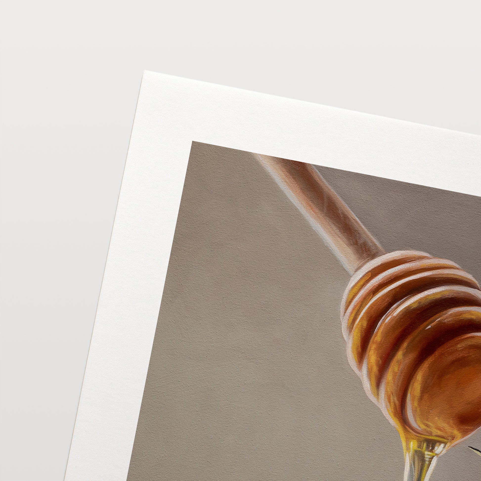 Honey Dipper & Bee Fine Art Print by Lauren Pretorius: a honey dipper with honey dripping and a bee approaching on a neutral background