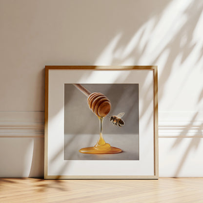 Honey Dipper & Bee Fine Art Print by Lauren Pretorius: a honey dipper with honey dripping and a bee approaching on a neutral background