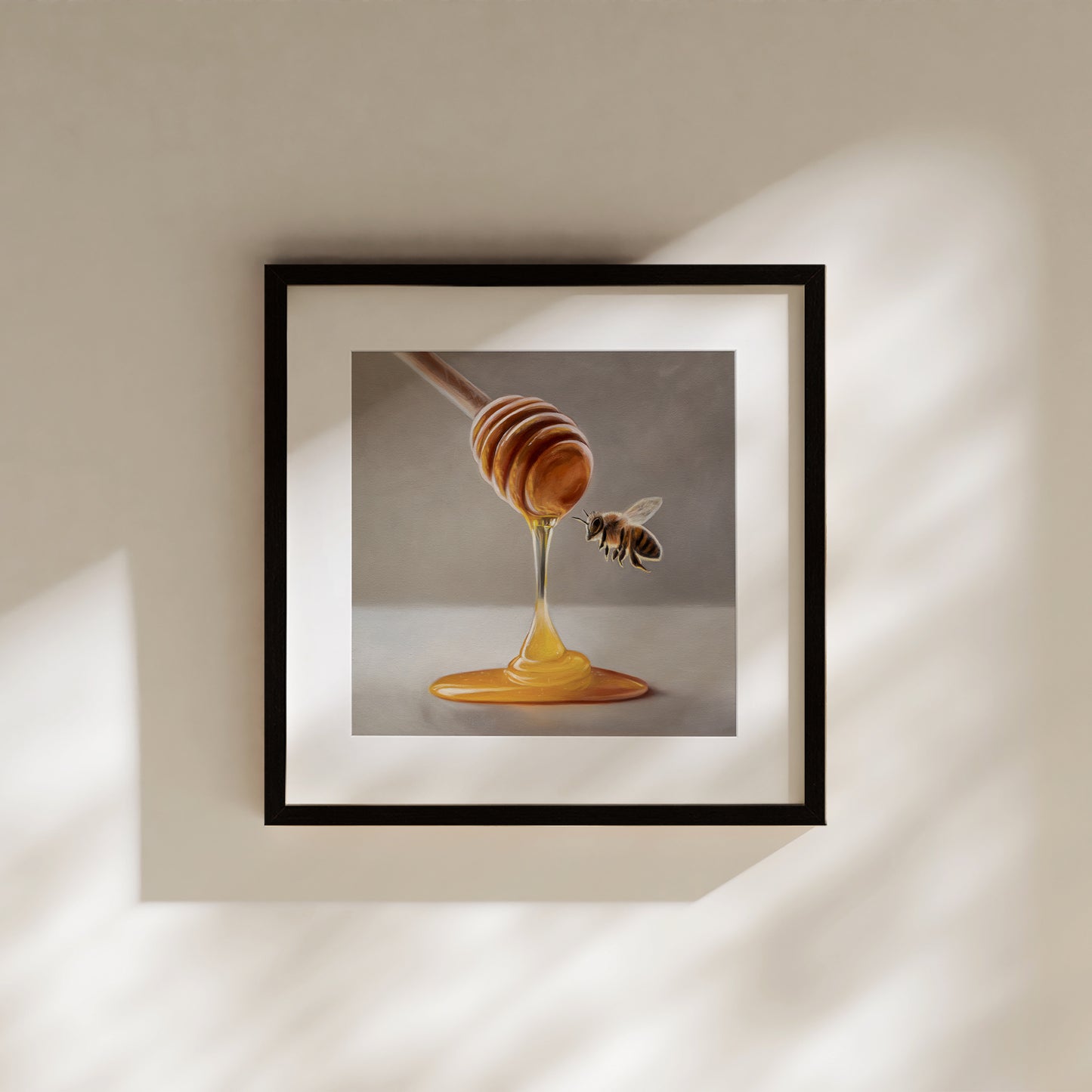 Honey Dipper & Bee Fine Art Print by Lauren Pretorius: a honey dipper with honey dripping and a bee approaching on a neutral background