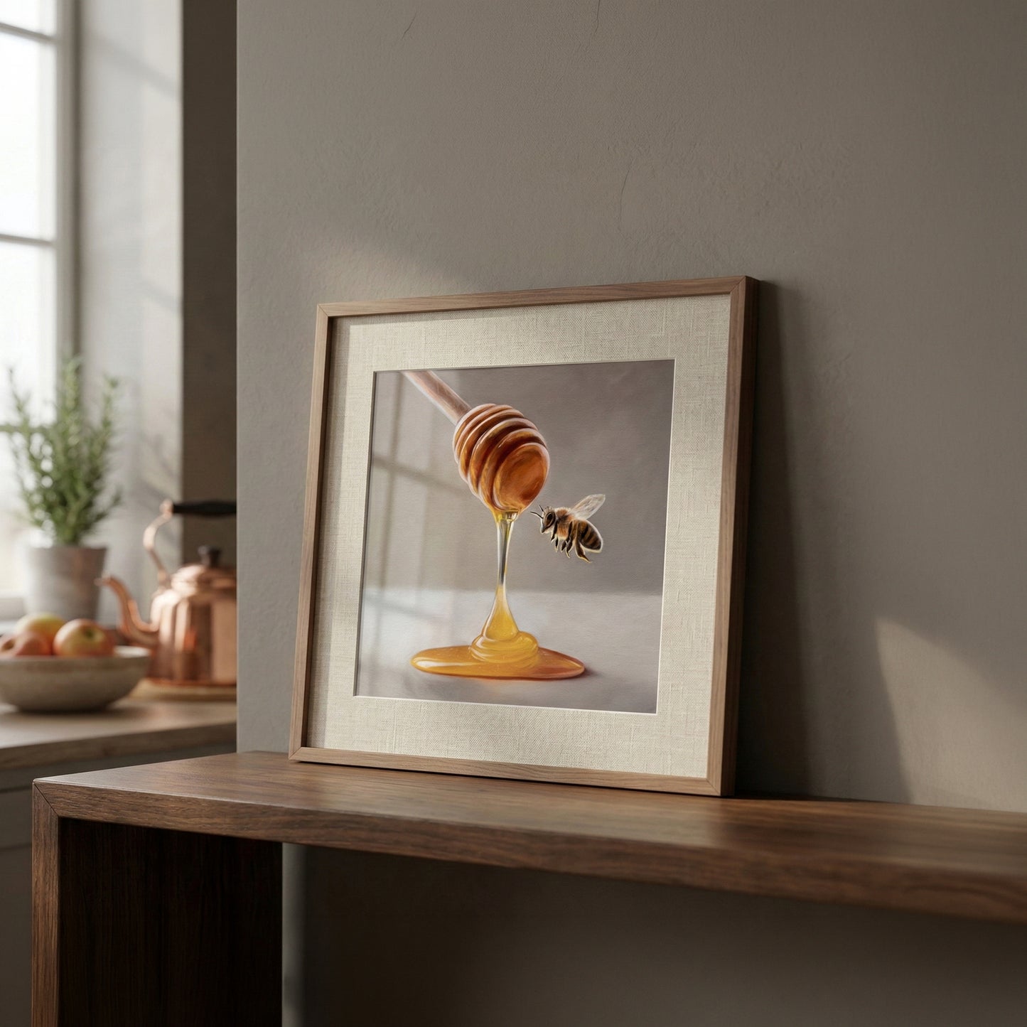 Framed fine art print of a wooden honey dipper dripping golden honey with a bee flying nearby.