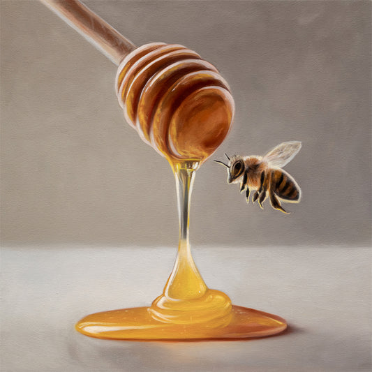 Realistic oil painting of a wooden honey dipper dripping golden honey onto a surface, with a bee flying nearby.