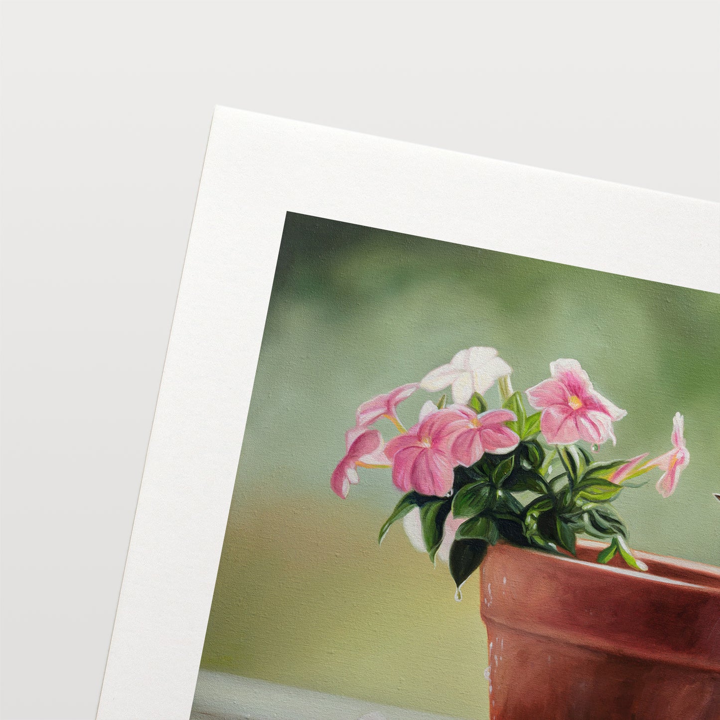House Wren & Blossoms Fine Art Print by Lauren Pretorius: a house wren perched on the edge of a terracotta pot with pink blossoms.