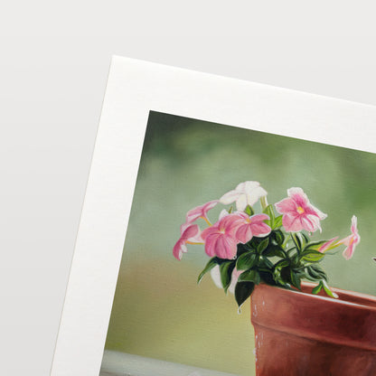 House Wren & Blossoms Fine Art Print by Lauren Pretorius: a house wren perched on the edge of a terracotta pot with pink blossoms.