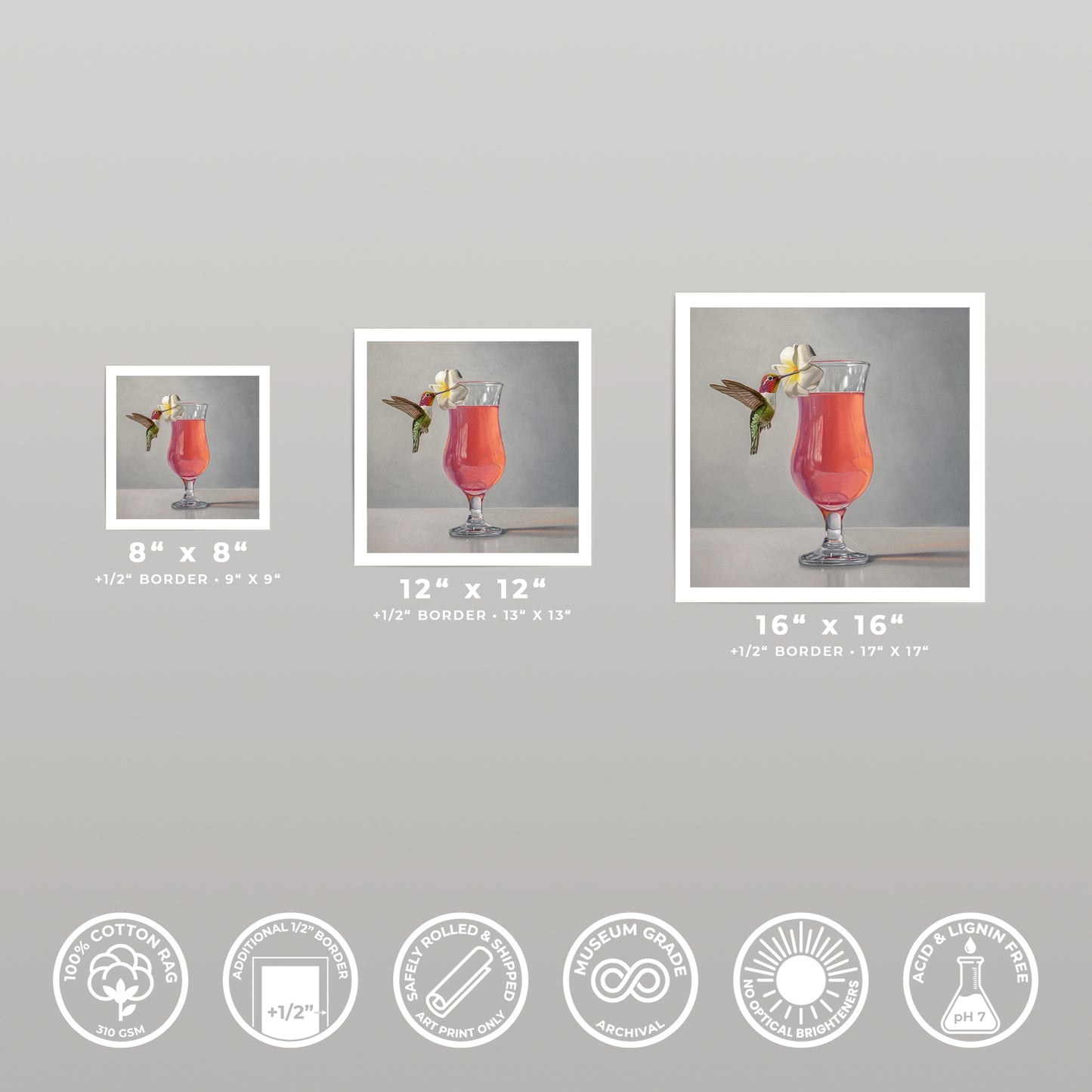 Fine art print of a hummingbird hovering near a pink cocktail with a white flower, available in multiple sizes.