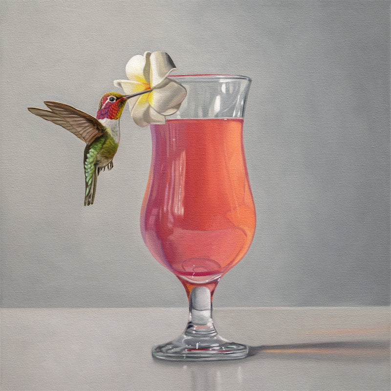 Vibrant fine art print of a hummingbird sipping from a pink cocktail garnished with a white plumeria flower.