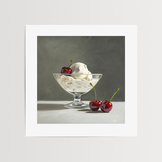 Ice Cream & Cherries Fine Art Print by Lauren Pretorius: a glass dish of vanilla ice cream with a trio of bright red cherries.