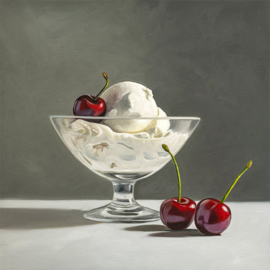 Ice Cream & Cherries Fine Art Print by Lauren Pretorius: a glass dish of vanilla ice cream with a trio of bright red cherries.