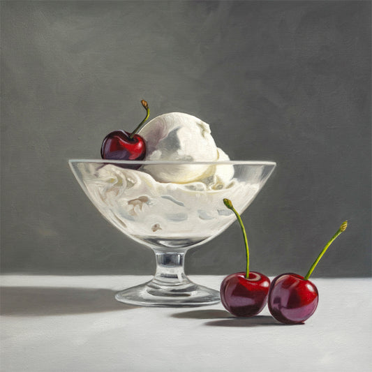 Fine art print of a glass bowl of white ice cream with three red cherries on a gray background.