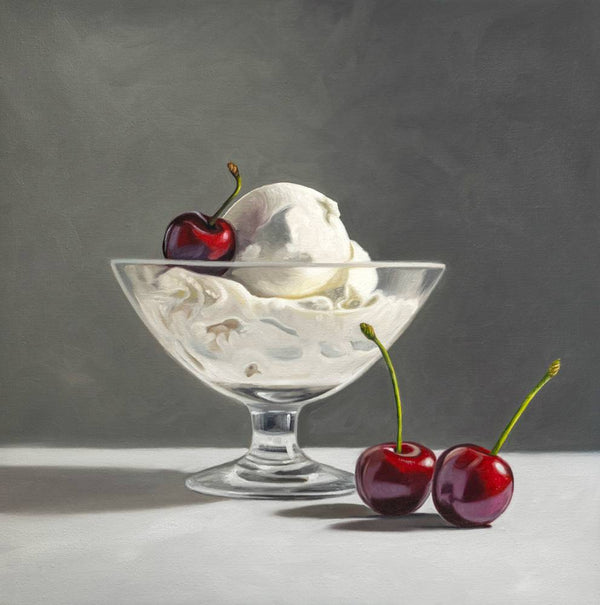 Glass bowl with ice cream and cherries on a gray background