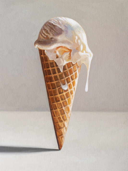 Ice Cream Cone Fine Art Print by Lauren Pretorius: an ice cream cone perfectly balanced with ice cream dripping down the side.