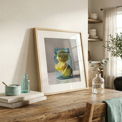 Framed fine art print of bright yellow lemon slices in a vintage blue mason jar, leaning on a rustic wooden table.