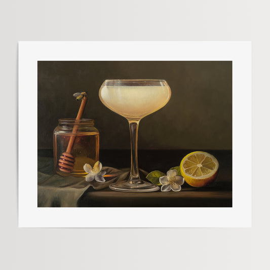 Jasmine, Lemon & Honey Cocktail Fine Art Print by Lauren Pretorius: A fine art print a cocktail glass with a beige beverage, jasmine flowers, a jar of honey with honey bee, and a slice of lemon.