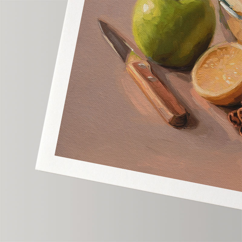 Oil painting print of a green apple, lemon, and knife on cotton rag paper with a white border.