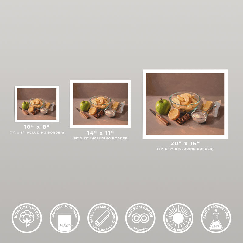 Three sizes of an oil painting print featuring apple pie ingredients on museum-grade cotton rag paper with a white border.