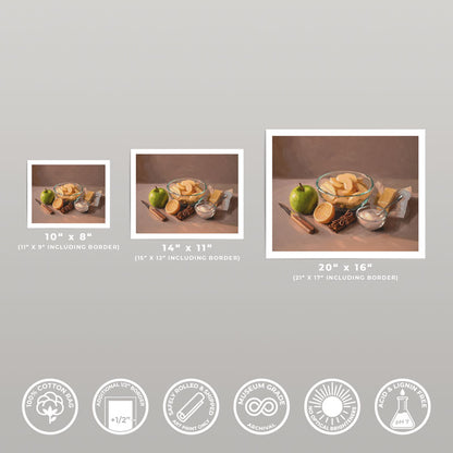 Three sizes of an oil painting print featuring apple pie ingredients on museum-grade cotton rag paper with a white border.