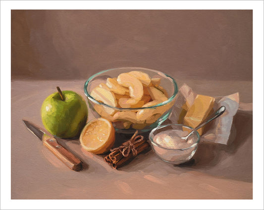Oil painting of apple pie ingredients including a green apple, sliced apples, cinnamon, butter, and lemon on cotton paper.