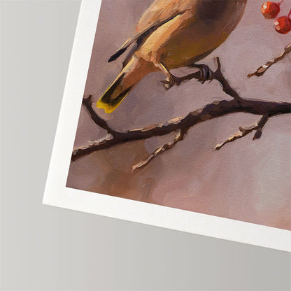 Oil painting print of a Cedar Waxwing on a branch with red berries, featuring a white border on textured cotton rag paper.