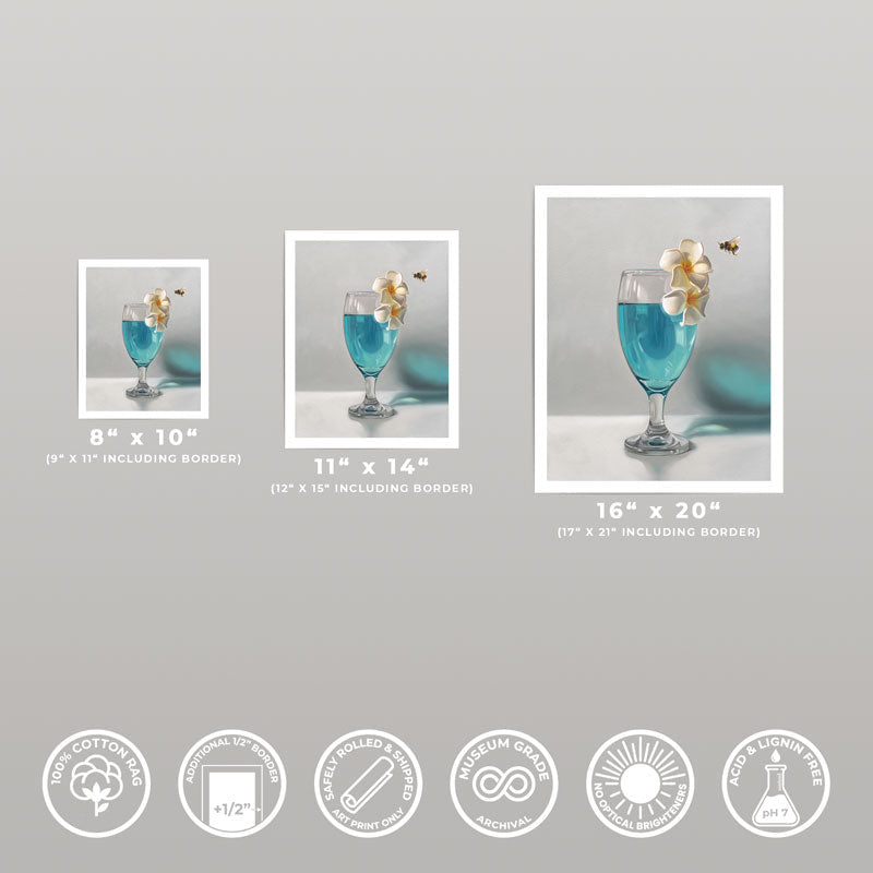 Three sizes of Blue Lagoon and Bumble Bee fine art prints on 310gsm cotton rag paper with white borders and quality icons.