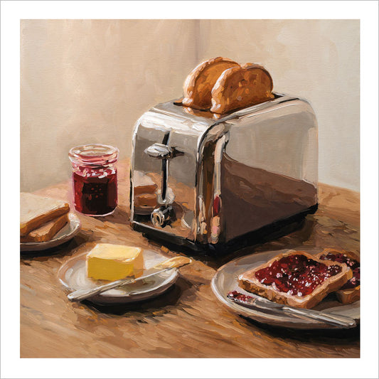Fine art print of a chrome toaster with toast, butter, and jam on a wooden table, featuring a white border.
