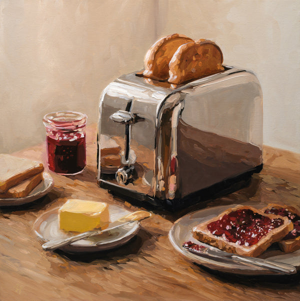 A still life painting of a chrome toaster with two slices of toast, a jar of jam, butter on a plate, and more toast with jam spread on a wooden table.