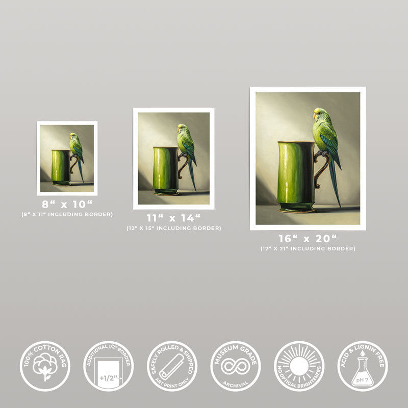 Three fine art prints of a green budgie on a green mug in various sizes with archival paper quality icons.