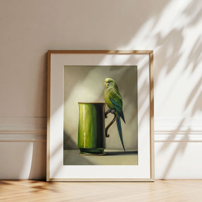 Fine art print of a green budgie perched on a glossy green mug, framed in a light wood frame against a neutral wall.