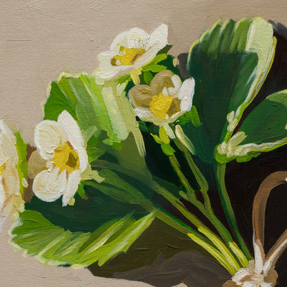 Close-up of a painting of white flowers with green leaves on a textured beige background