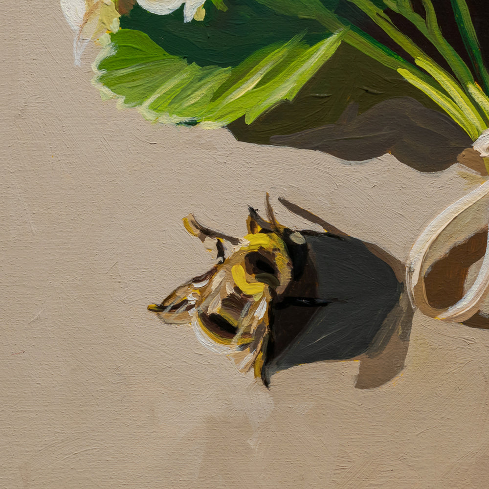 Painting of a bee on a beige background with green leaves and a white flower.