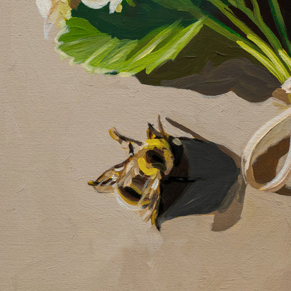 Painting of a bee on a beige background with green leaves and a white flower.