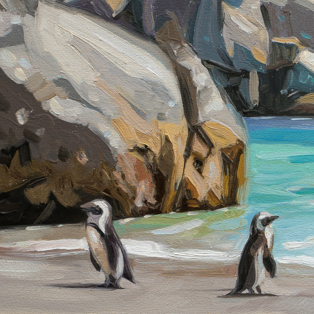 Two penguins standing on a beach with rocks and water in the background.