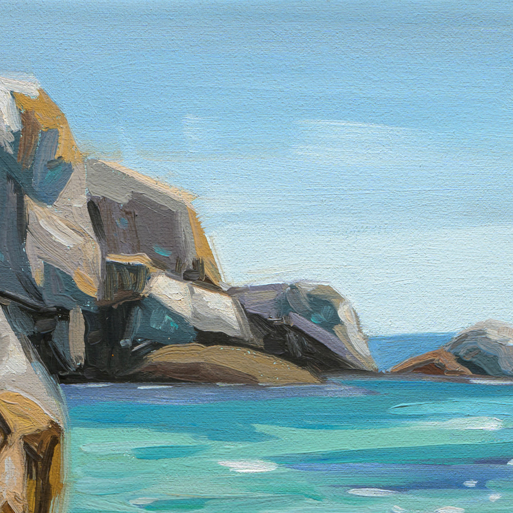 Artistic depiction of rocky coastline with blue water and sky.