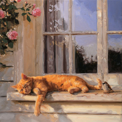 Sunlit Cat & Sparrow • 16 x 16