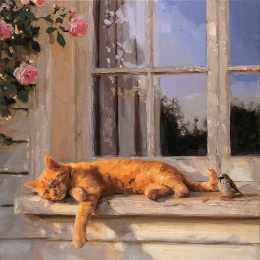 Sunlit Cat & Sparrow • 16 x 16