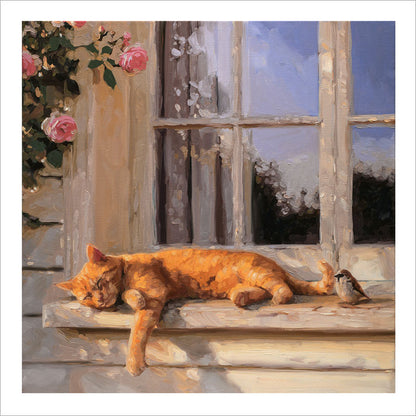 Sunlit Cat & Sparrow • Fine Art Print